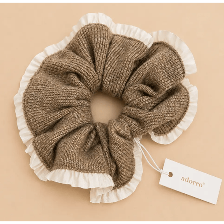 Adorro Knit Ruffle Trim Mega Scrunchie Brown/Ivory Accessories Parts and Labour Hood River Oregon Clothing Store