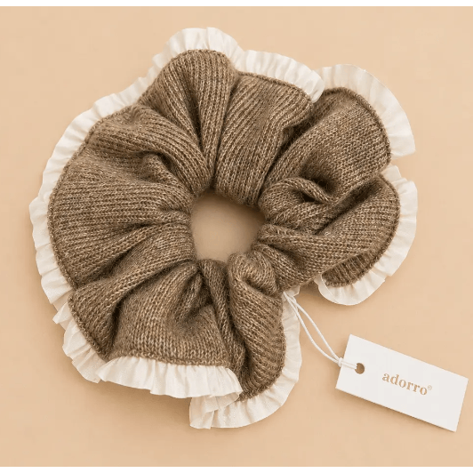 Adorro Knit Ruffle Trim Mega Scrunchie Brown/Ivory Accessories Parts and Labour Hood River Oregon Clothing Store