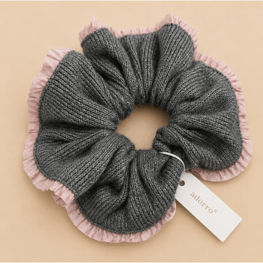 Adorro Knit Ruffle Trim Mega Scrunchie Grey/Pink Accessories Parts and Labour Hood River Oregon Clothing Store