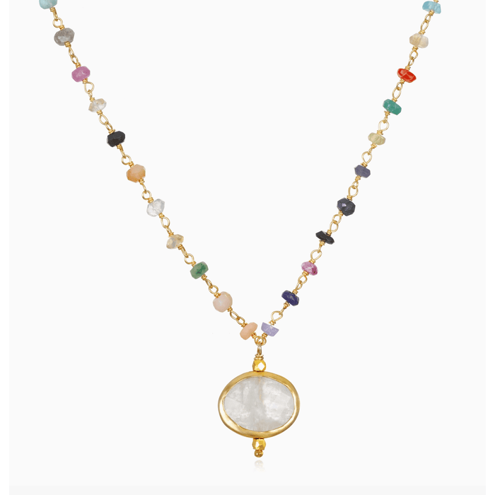 Amelia Rose Bezel Charm Rainbow Necklace-Rainbow Moonstone Accessories Parts and Labour Hood River Oregon Clothing Store