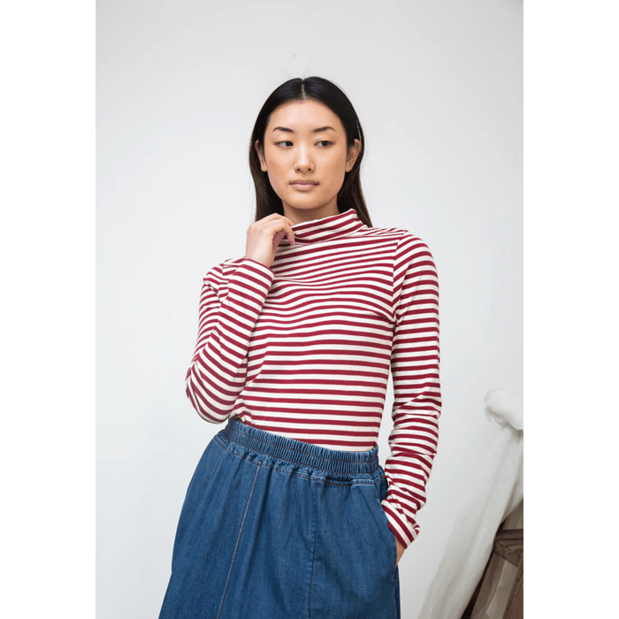 Beaumont Organic Pine-Sue Organic Cotton Stripe Jersey Top Burgundy and Off White Stripe / S Shirts & Tops Parts and Labour Hood River Oregon Clothing Store
