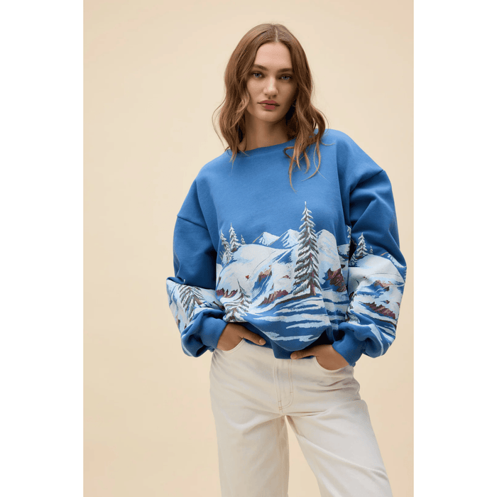 Daydreamer Alpine Ski Scene Oversized Crew Sweatshirt Denim Blue / S/M Sweaters Parts and Labour Hood River Oregon Clothing Store