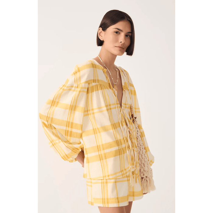 Dress To Yellow Plaid Puff Sleeves Tie-Front Blouse Shirts & Tops Parts and Labour Hood River Oregon Clothing Store