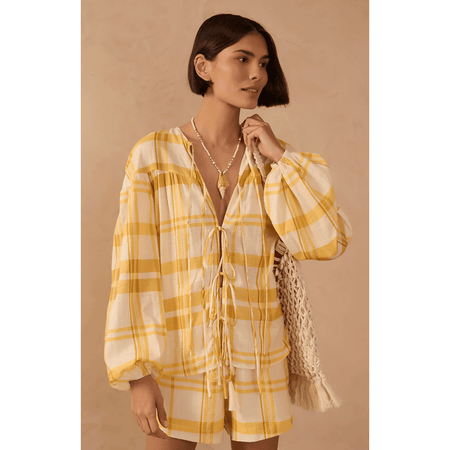 Dress To Yellow Plaid Puff Sleeves Tie-Front Blouse Shirts & Tops Parts and Labour Hood River Oregon Clothing Store