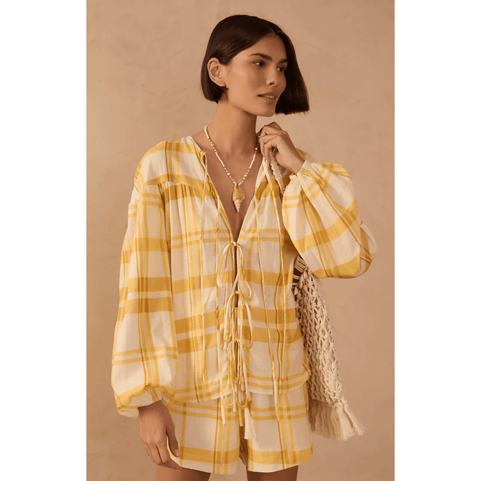 Dress To Yellow Plaid Puff Sleeves Tie-Front Blouse Shirts & Tops Parts and Labour Hood River Oregon Clothing Store