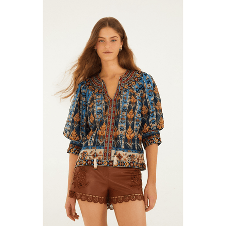 Farm Rio Blue Embroidered Tapestry Blouse Shirts & Tops Parts and Labour Hood River Oregon Clothing Store