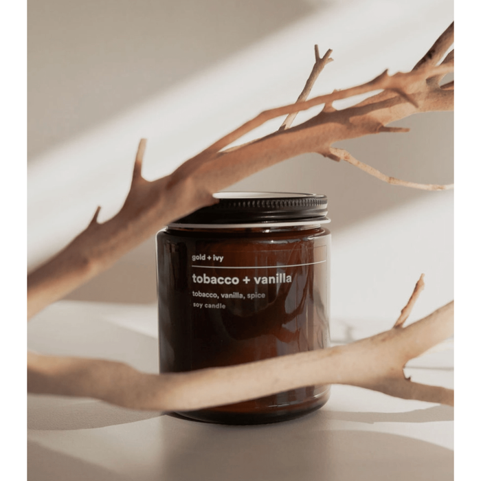 gold + ivy Tobacco + Vanilla Soy Candle 7.5 OZ Apothecary Parts and Labour Hood River Oregon Clothing Store
