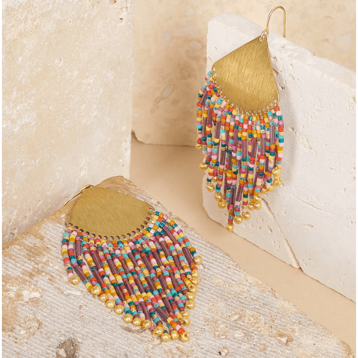Mayana Designs Co Beaded Handwoven Confetti Fringe Earrings Purple/Rust Accessories Parts and Labour Hood River Oregon Clothing Store