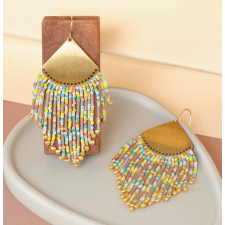 Mayana Designs Co Beaded Handwoven Confetti Fringe Earrings Yellow/Aqua Accessories Parts and Labour Hood River Oregon Clothing Store
