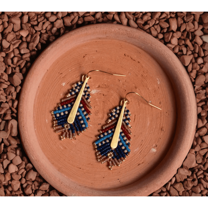 Mayana Designs Co Beaded Handwoven Gilded Feather Earrings Blue/Brown Accessories Parts and Labour Hood River Oregon Clothing Store