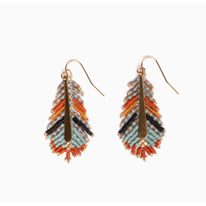 Mayana Designs Co Beaded Handwoven Gilded Feather Earrings Rust/Aqua Accessories Parts and Labour Hood River Oregon Clothing Store
