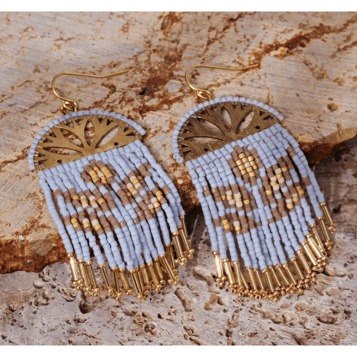 Mayana Designs Co Beaded Handwoven Lotus Fringe Earrings Sky Blue Accessories Parts and Labour Hood River Oregon Clothing Store