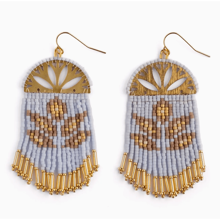 Mayana Designs Co Beaded Handwoven Lotus Fringe Earrings Sky Blue Accessories Parts and Labour Hood River Oregon Clothing Store