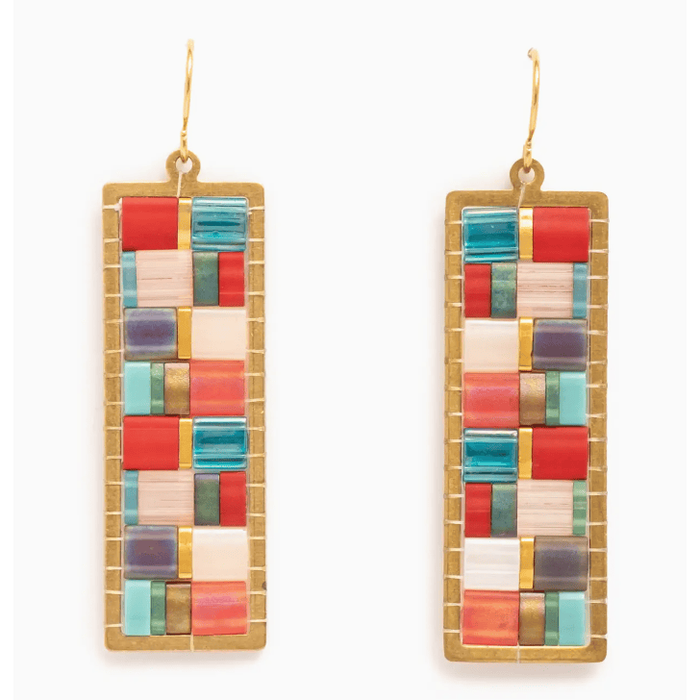 Mayana Designs Co Beaded Handwoven Mosaic Tiles and Brass Earrings Aqua/Red Accessories Parts and Labour Hood River Oregon Clothing Store