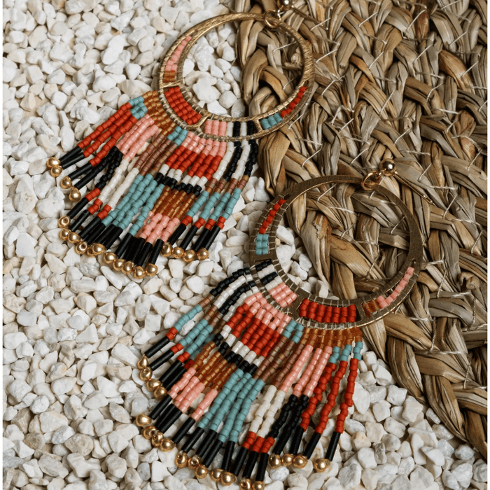Mayana Designs Co Beaded Handwoven Painted Desert Fringe Earrrings Aqua/Rust Accessories Parts and Labour Hood River Oregon Clothing Store