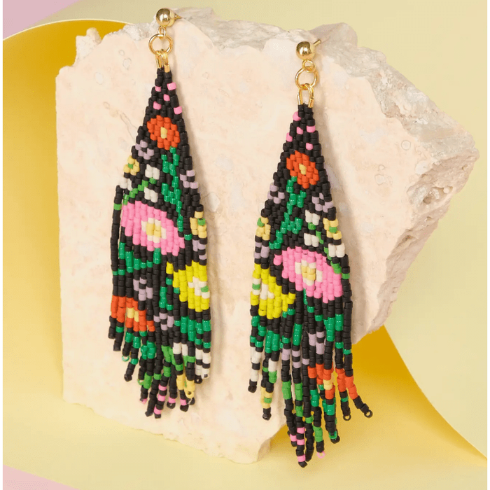 Mayana Designs Co Beaded Handwoven Wildflower Fringe Earrings Black Accessories Parts and Labour Hood River Oregon Clothing Store