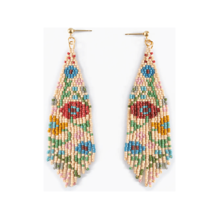 Mayana Designs Co Beaded Handwoven Wildflower Fringe Earrings Tan Accessories Parts and Labour Hood River Oregon Clothing Store